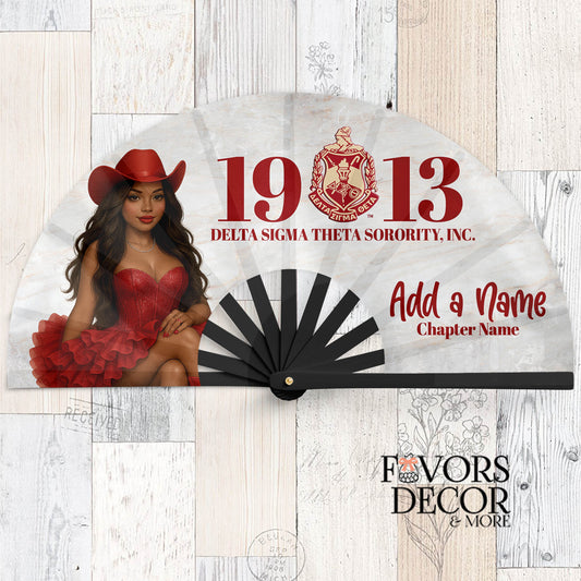 Delta Sigma Theta fan with a woman in a red tutu and cowgirl hat, featuring the DST 1913 crest, personalized name space, and white background.