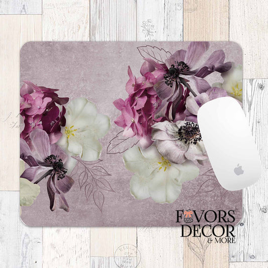 Mouse pad with muted lavender background, watercolor florals in blush and cream, and line-drawn leaf accents, branded Favors Decor &amp; More.