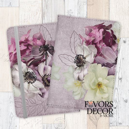Floral passport cover featuring lavender, white, and blush watercolor flowers on a textured purple background with line-drawn leaves.