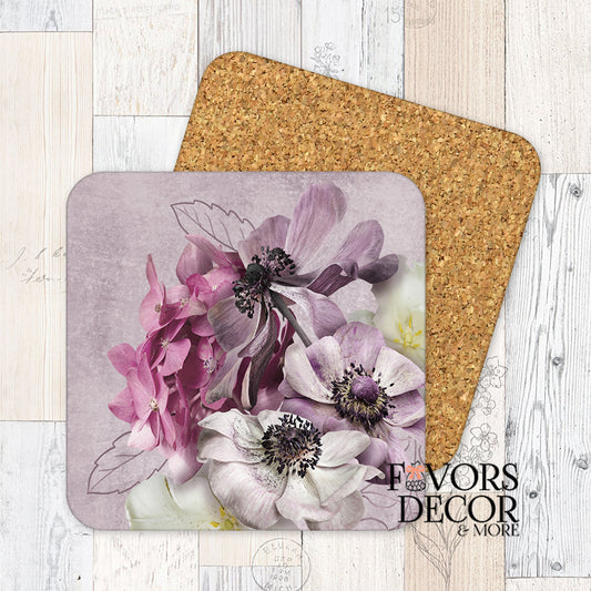 Square cork-backed coaster with violet, blush, and ivory watercolor flowers on a muted lavender background from the Violet Memoir collection.
