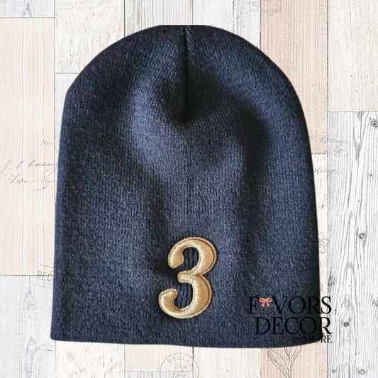 Beanie Hat - Line Number Embroidered Black and Gold Skull Cap - Favors Decor and More