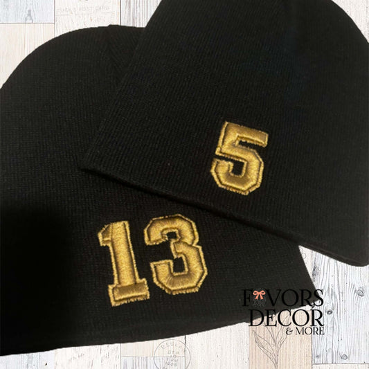 Beanie No Cuff Gold Alpha Line Number - Three Font Styles - Favors Decor and More