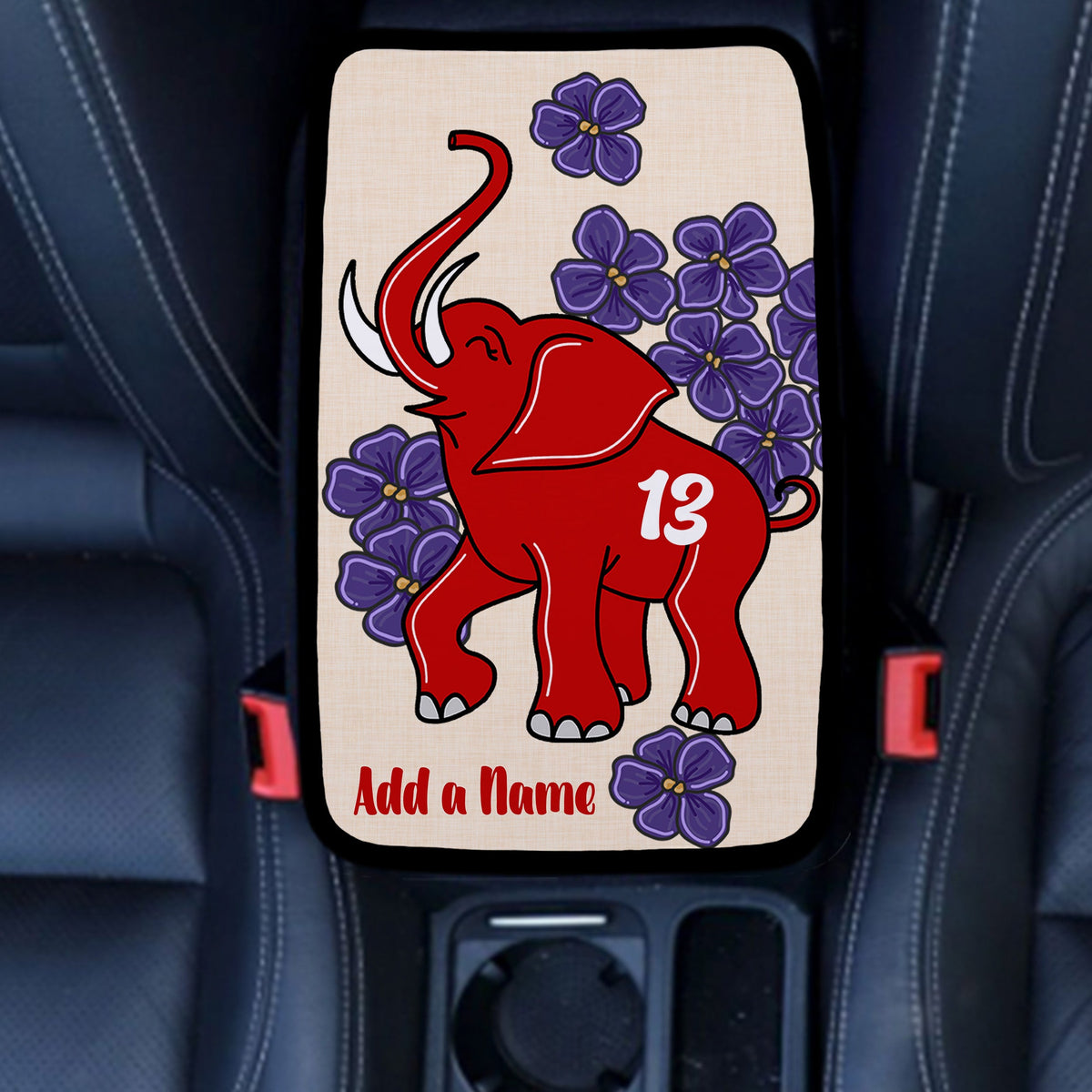 Car Center Console Cover Red Elephant, Line Number and African Violets - Delta - Favors Decor and More
