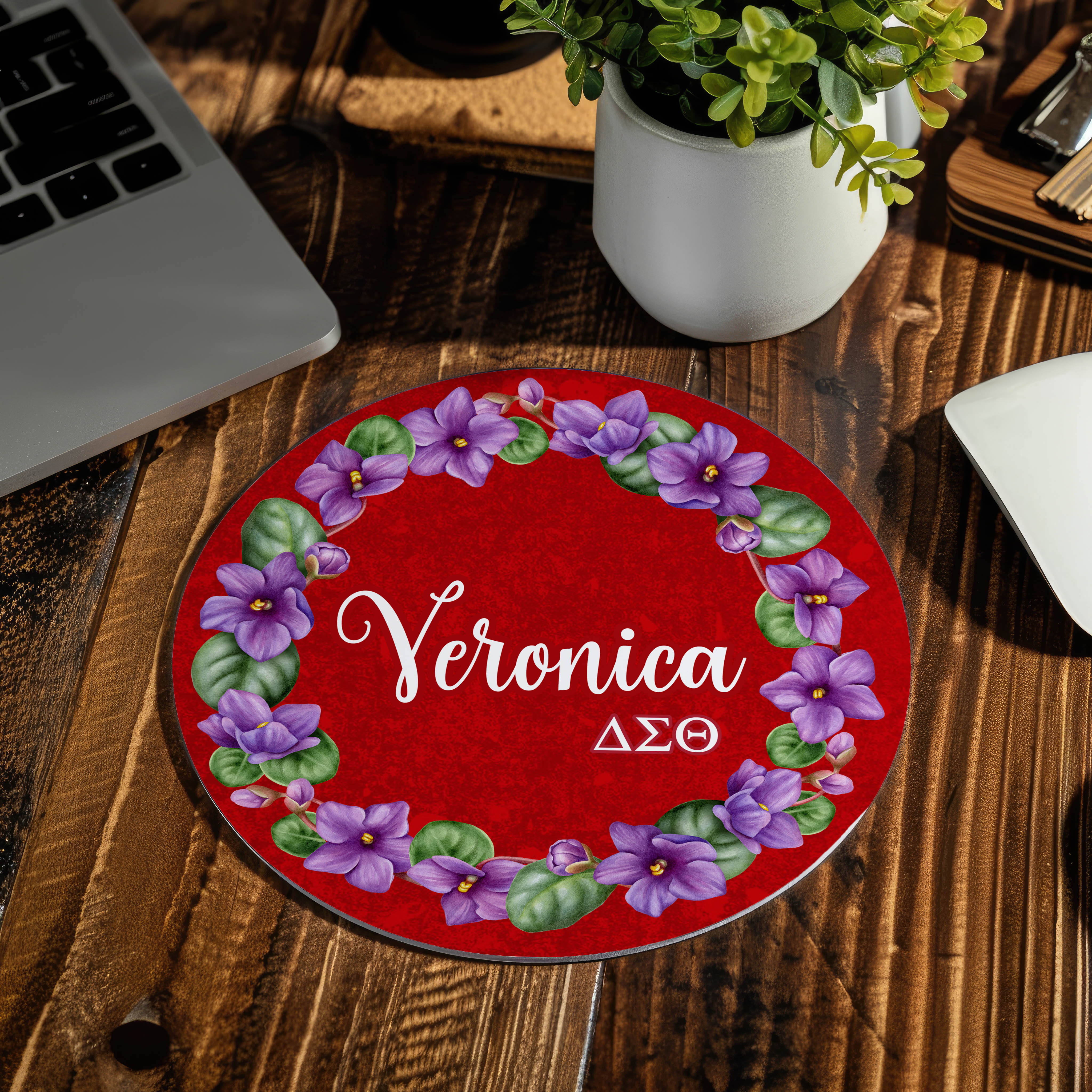 Mouse Pad - African Violets Wreath Personalized Delta Sigma Theta Sorority - Round - Favors Decor and More