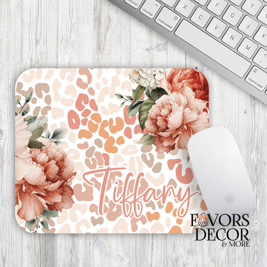 Mouse Pad - Leopard Print and Peach Peonies Personalized - Rectangle - Favors Decor and More