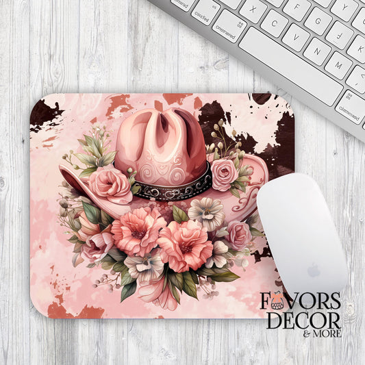 Mouse Pad - Pink Cow Hide Cattleman Cowboy hat with Floral Bouquet - Rectangle - Favors Decor and More